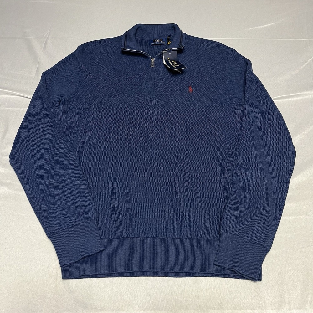 NWT Polo Ralph Lauren Sweater Mens M Navy Blue Quarter Zip Textured Cotton